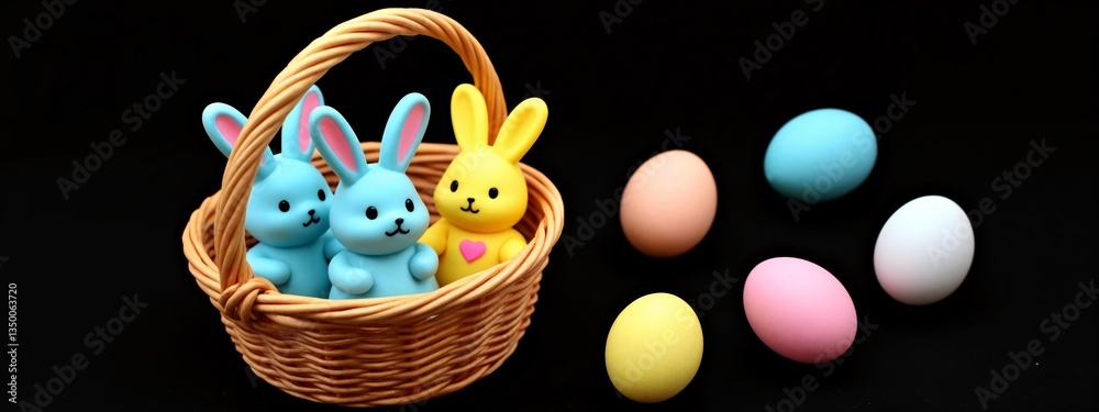 Fototapeta premium A basket filled with blue and yellow easter bunnies next to a bunch of eggs.