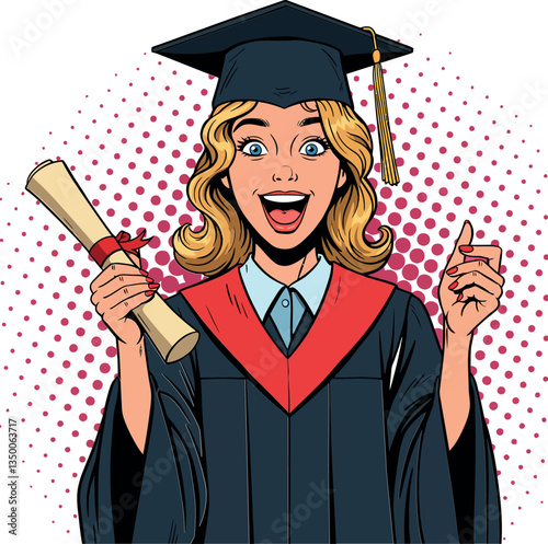 Excited graduate holding diploma in black cap and gown, celebrating achievement in flat vector art style with vibrant colors and cheerful expression in a dynamic setting vector illustration