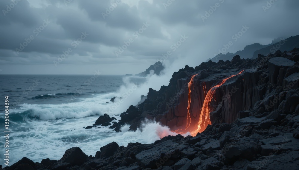 Fototapeta premium Dramatic Lava Flow into Ocean on Stormy Day with Dark Clouds