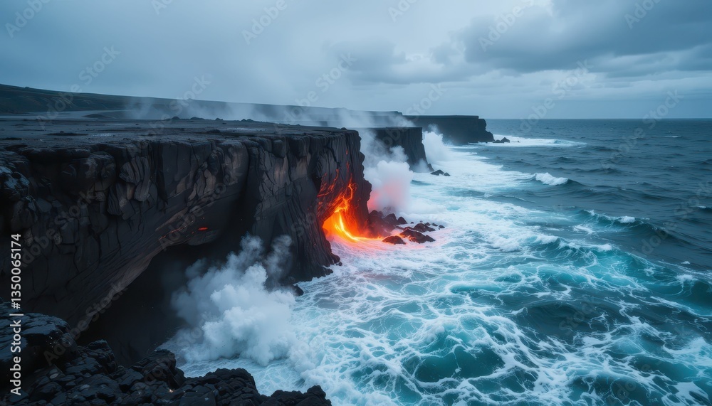 Fototapeta premium Majestic Lava Flow Meets Ocean Waves at Volcanic Coastline