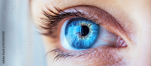 A close up view of a human eye with blue iris