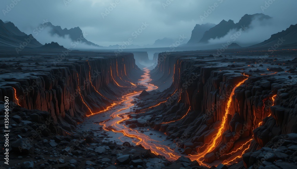 Fototapeta premium Dramatic Landscape of Lava Flowing Through a Cracked Canyon at Dusk