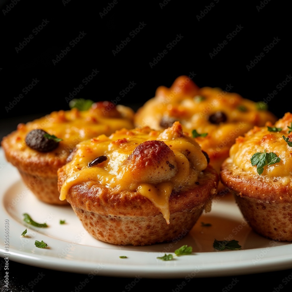 savory cheese muffins topped with herbs and olives on a white plate against a dark background savory cheese muffins topped with herbs and olives on a white plate against a dark background