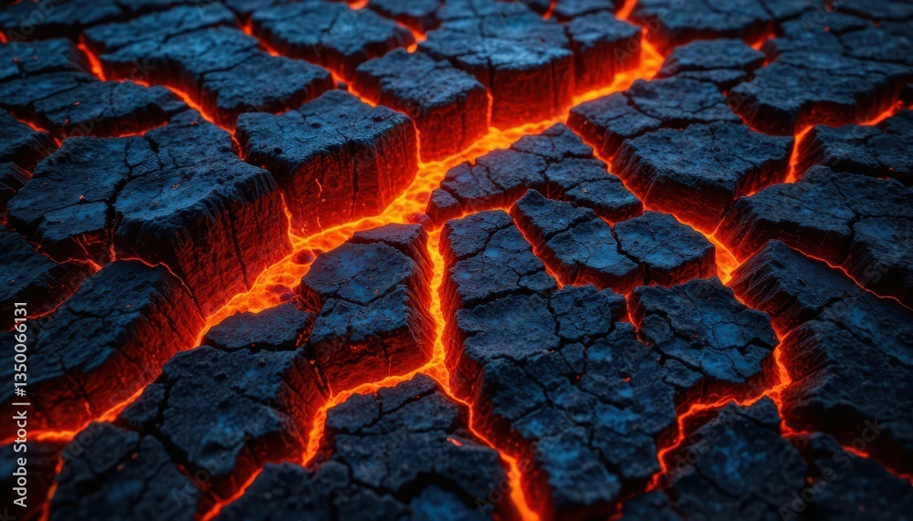 Fiery Cracks of Lava Flowing Through Charred Earth Surface Fiery Cracks of Lava Flowing Through Charred Earth Surface