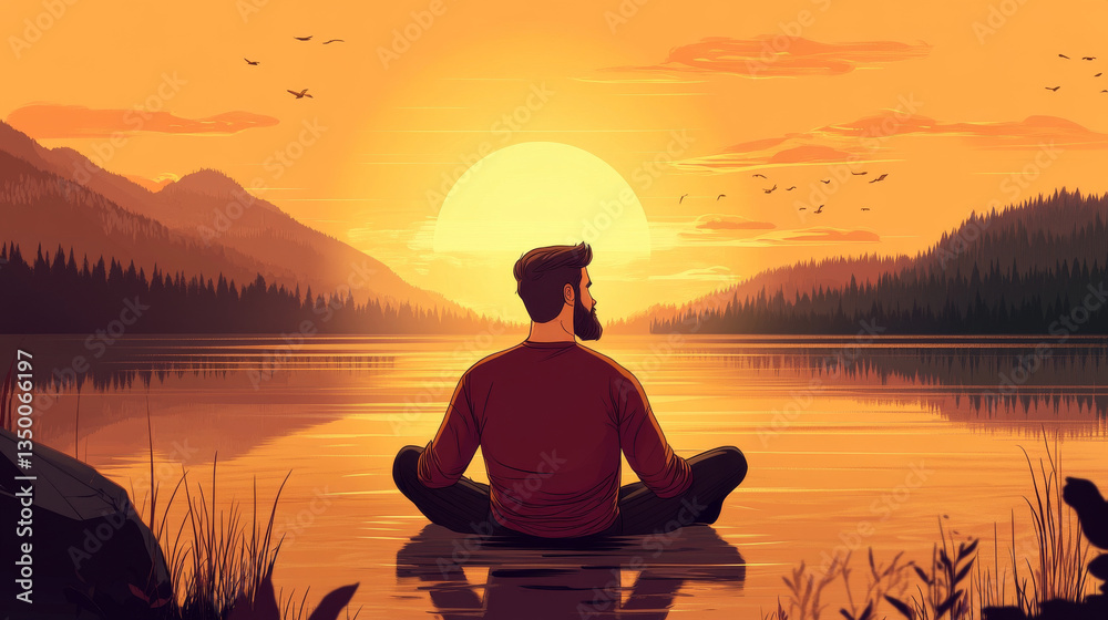 Enjoy moment banner with man in boat on sunset background. Vector landing page of tranquility rest at nature with cartoon illustration of landscape with lake, orange sky and person with beard in boat Enjoy moment banner with man in boat on sunset background. Vector landing page of tranquility rest at nature with cartoon illustration of landscape with lake, orange sky and person with beard in boat