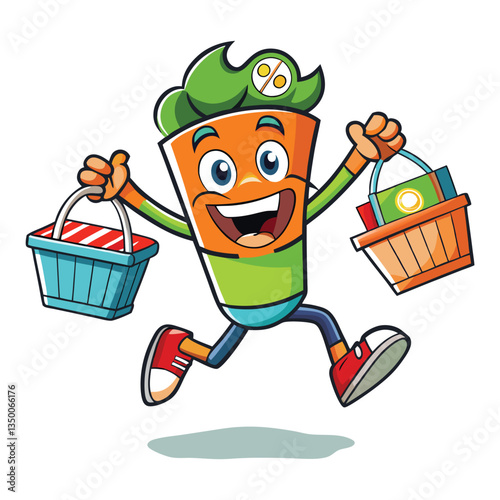 Cartoon character carrying shopping baskets