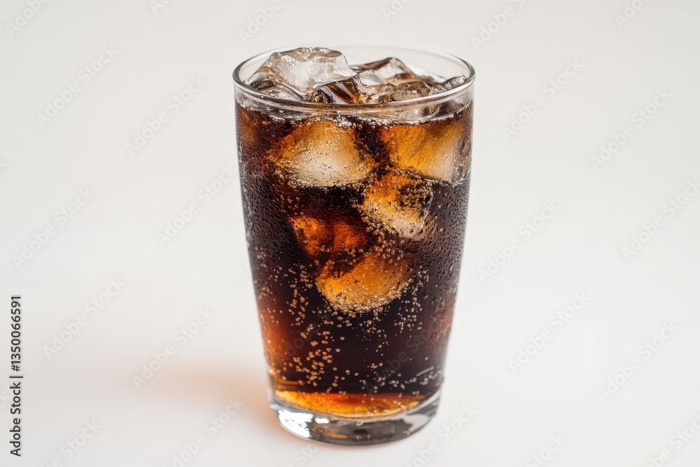 A glass of brown carbonated beverage with ice cubes A glass of brown carbonated beverage with ice cubes