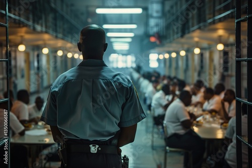 A male officer stands guard in a prison cafeteria, overseeing inmates during lunch hour, captured in a somber atmosphere.