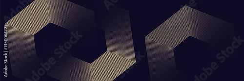 Abstract elegant black background with shiny gold hexagon lines. Modern gold hexagon rounded lines pattern.Horizontal banner template. Suitable for covers, posters, presentations, vectors