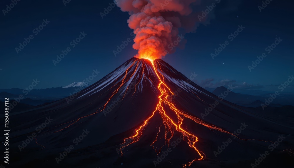 Fototapeta premium Erupting Volcano at Night with Lava Flow and Eruptive Clouds Above