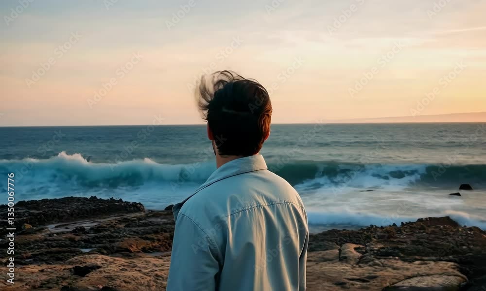 Caucasian male on rocky coast, gazing at sea waves during sunset Caucasian male on rocky coast, gazing at sea waves during sunset