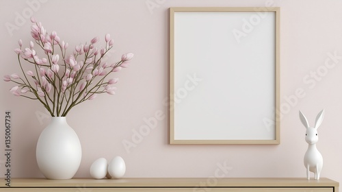 Cozy Easter-Themed Living Room with Pastel Tulips and Hare Sculptures