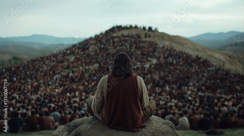 Jesus sat on a rock preaching to a large crowd on the mountain. The crowd looked at Jesus' face and listens intently to His teachings.