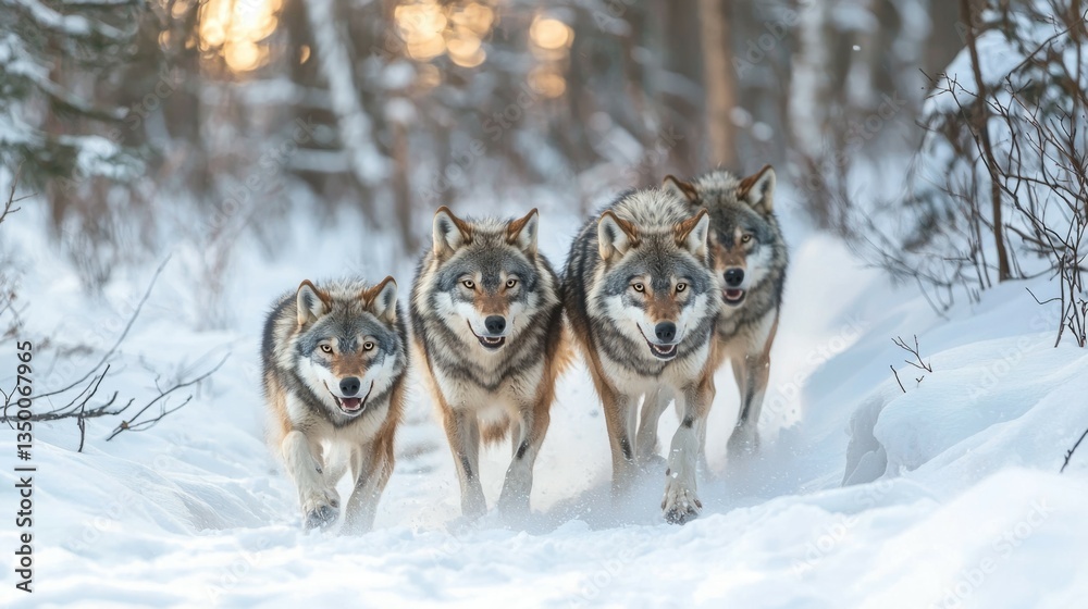 Fototapeta premium Four Wolves Walking Together in a Snowy Forest Landscape