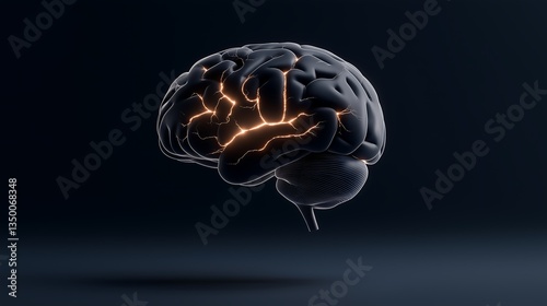 Digital Illustration of Human Brain with Electrical Flashes on Blue Background