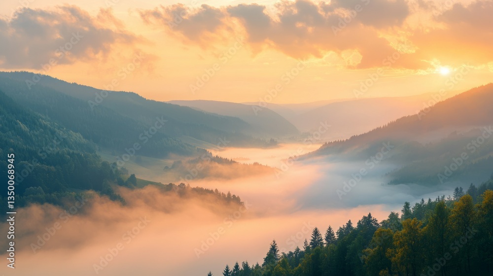Serene Sunrise Over Misty Valley and Mountains in Soft Light Serene Sunrise Over Misty Valley and Mountains in Soft Light