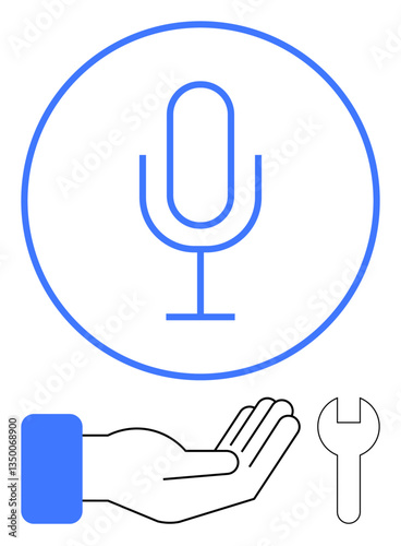 Microphone outline inside a circle with an open hand and a wrench below, representing audio tools and support. Ideal for communication, podcasts, maintenance, services, help, collaboration