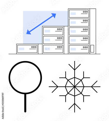Buildings illustrating urban growth, upward trend arrow, magnifying glass, and snowflake. Ideal for business, analysis, development, urbanization planning climate research themes. Flat simple