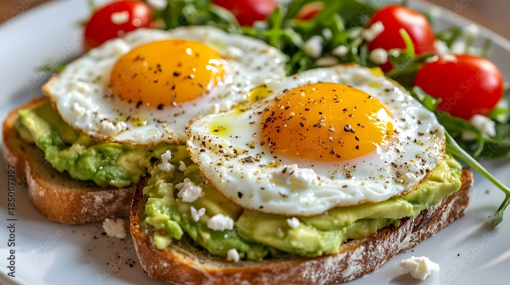 Avocado Toast Delight: A delectable close-up captures two slices of toasted bread lavishly topped with creamy avocado, two perfectly fried eggs, and a sprinkle of seasoning. It is a culinary dream.