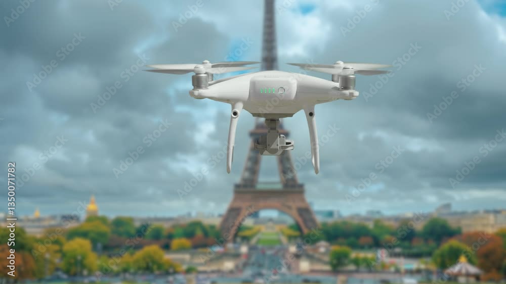 Real UAV Quadcopter Drone Flying Near the Eiffel Tower in France. Drone Restricted No-Fly Zone Series. Real UAV Quadcopter Drone Flying Near the Eiffel Tower in France. Drone Restricted No-Fly Zone Series.