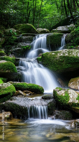 Serene waterfall in lush forest