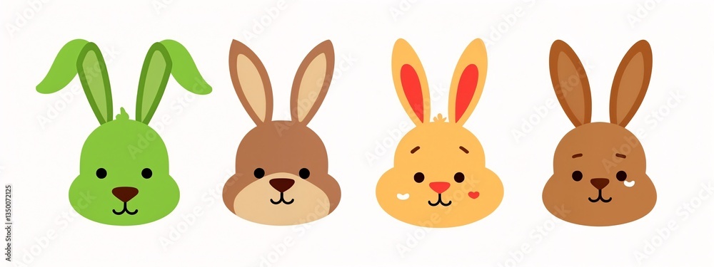 Fototapeta premium A set of four cartoon rabbits with different colored ears.