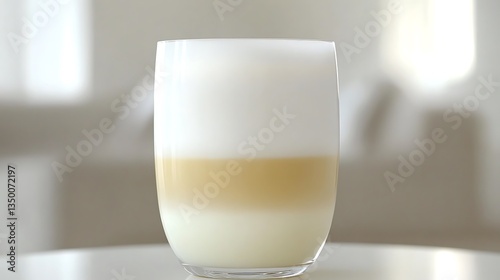 Layered latte in glass on table.