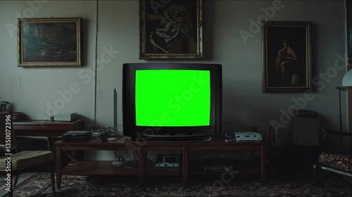 An old green-screen TV or television set flickers and distorts as it displays a glitch effect, creating a retro,  camera that zooms in dark room , the screen is first static noise then a green screen.