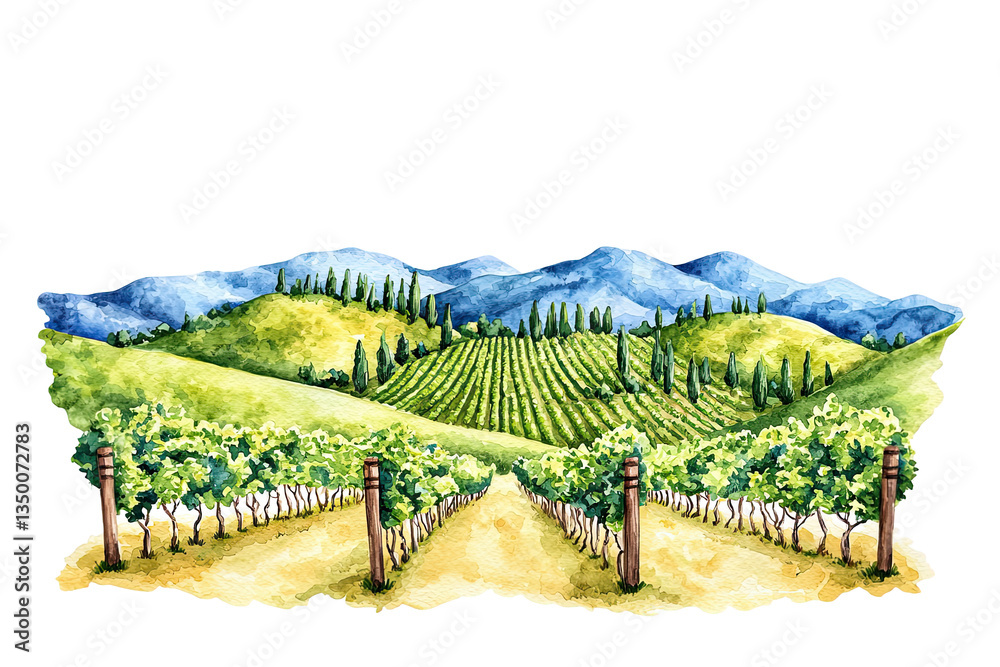Fototapeta premium A scenic view of lush vineyards and rolling hills, framed by distant mountains, depicted in a vibrant watercolor style.