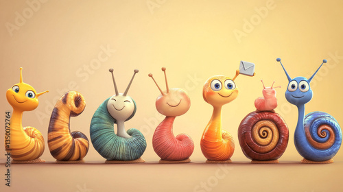 Cute snail characters set isolated on background. Vector cartoon illustration of slug emoji tired, with moustache, crazy smiling, whistling, girl with lips, mail delivery service mascots collection