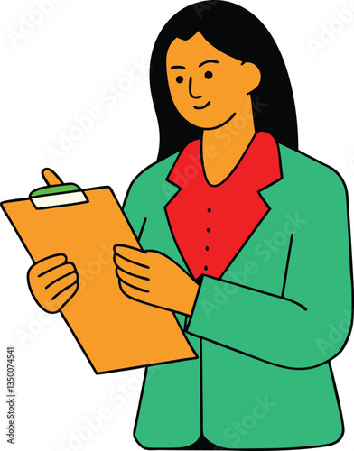 A smiling businesswoman in a green jacket attentively reviews documents on a clipboard. She appears focused and professional, possibly completing a task or checklist.