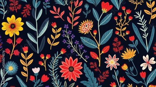 A vibrant floral pattern featuring red, pink, and yellow flowers with lush green leaves on a dark background. Modern, artistic, and elegant, perfect for textiles, wallpaper, and digital design.