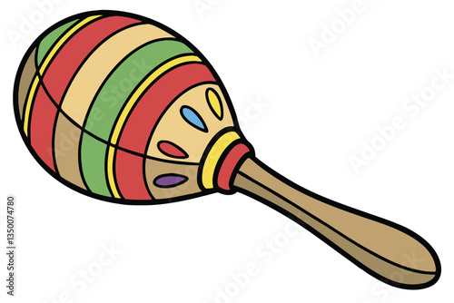 21 Colorful wooden maraca, rainbow stripes, vibrant colors, spherical rattle, musical instrument, children's toy, wooden handle, close-up photography, white background, simple design, primary colors, 