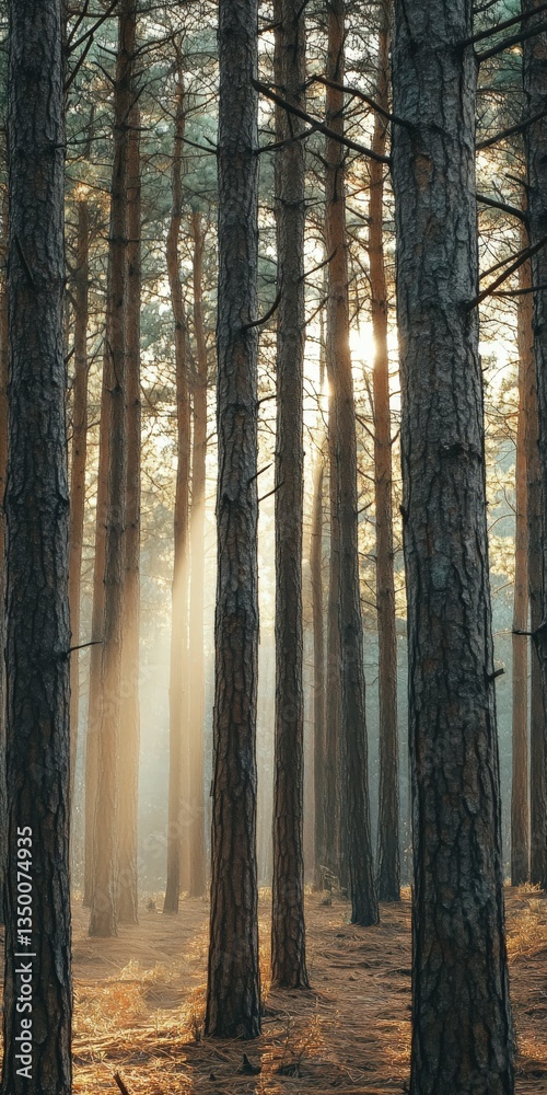 Obraz premium Sunlight filtering through pine trees