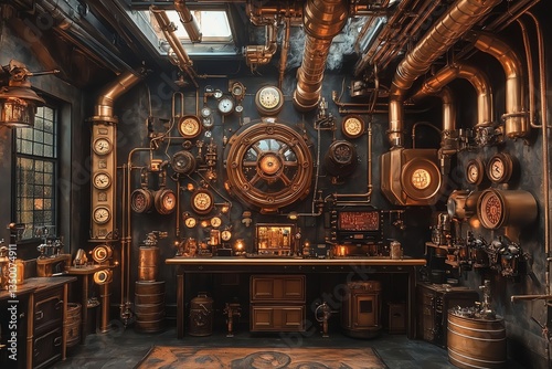 Steampunk Workshop Interior with Pipes Gauges and Clocks