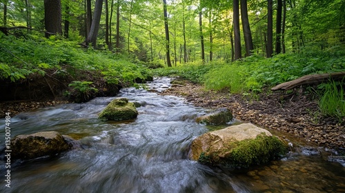  A Serene Stream Flowing Through a Lush Green Forest