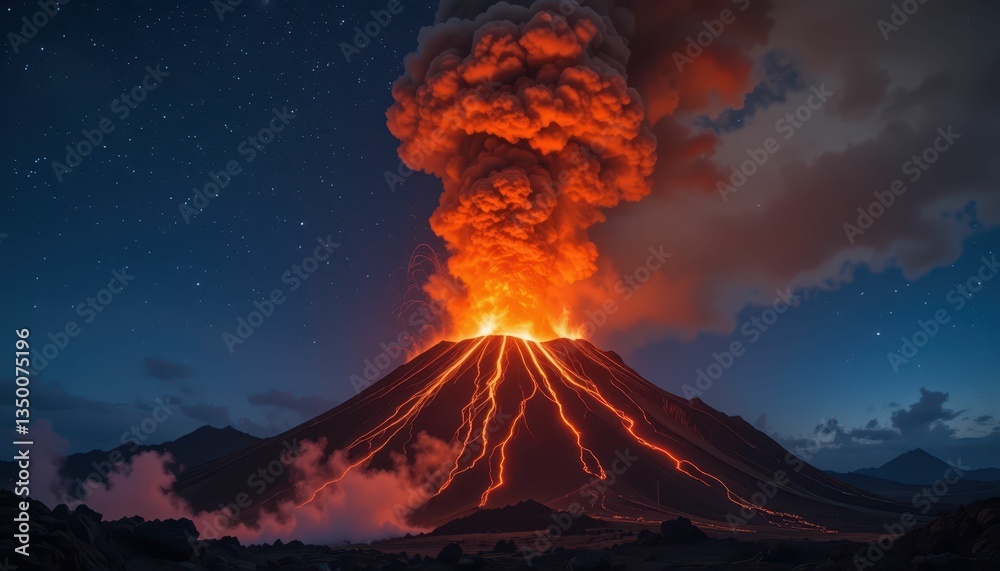 Fototapeta premium Majestic Volcanic Eruption at Night with Fiery Lava and Ash Clouds
