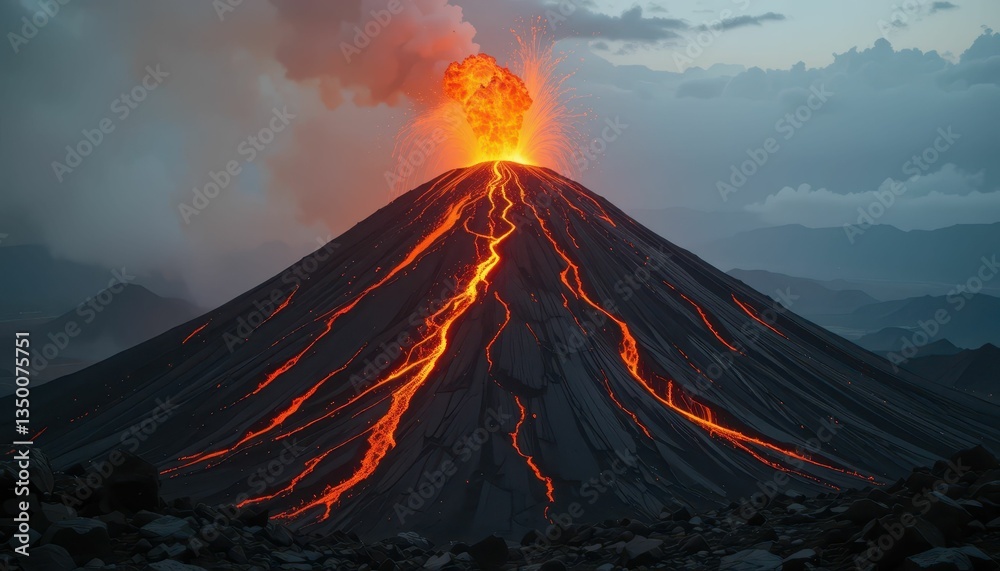 Erupting Volcano with Lava Flow and Ash Clouds at Sunset Erupting Volcano with Lava Flow and Ash Clouds at Sunset