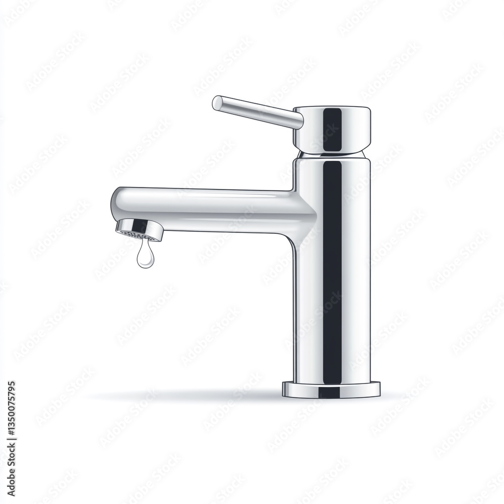 A chrome faucet with a single handle and a water droplet falling from the spout on a white background A chrome faucet with a single handle and a water droplet falling from the spout on a white background