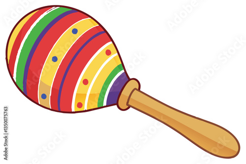 21 Colorful wooden maraca, rainbow stripes, vibrant colors, spherical rattle, musical instrument, children's toy, wooden handle, close-up photography, white background, simple design, primary colors, 