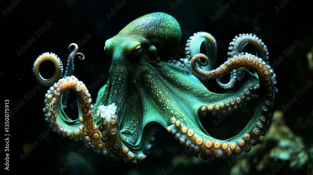 Green octopus swim in ocean water at night. Vector cartoon illustration of dark underwater sea landscape with giant marine animal, squid with suckers on tentacles Green octopus swim in ocean water at night. Vector cartoon illustration of dark underwater sea landscape with giant marine animal, squid with suckers on tentacles