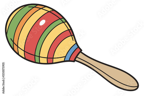 21 Colorful wooden maraca, rainbow stripes, vibrant colors, spherical rattle, musical instrument, children's toy, wooden handle, close-up photography, white background, simple design, primary colors, 