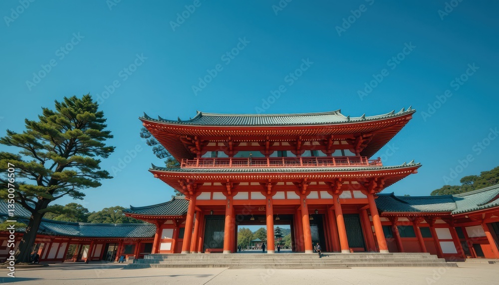 Traditional Japanese Architecture with Vibrant Colors and Clear Sky Traditional Japanese Architecture with Vibrant Colors and Clear Sky