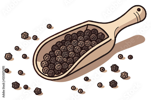 22 Wooden scoop, black peppercorns, spice photography, culinary still life, scattered spices, macro shot, warm tones, rustic texture, food ingredient, aromatic seasoning, high detail, soft lighting, w