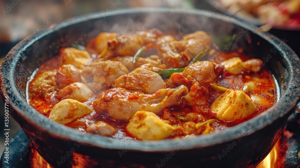 Spicy chicken stew simmering in a traditional pot Spicy chicken stew simmering in a traditional pot