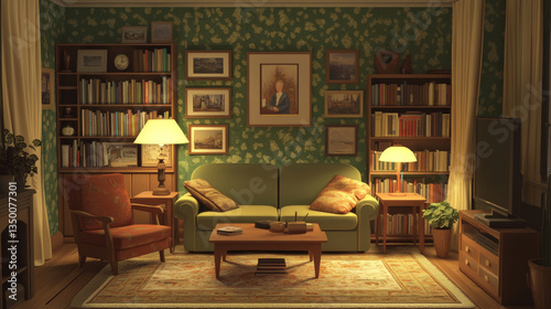 Living room with sofa and armchair. Vector cartoon illustration of cozy lounge interior with couch with pillows, chair, floor lamp, shelf with books, carpet and pictures on wall