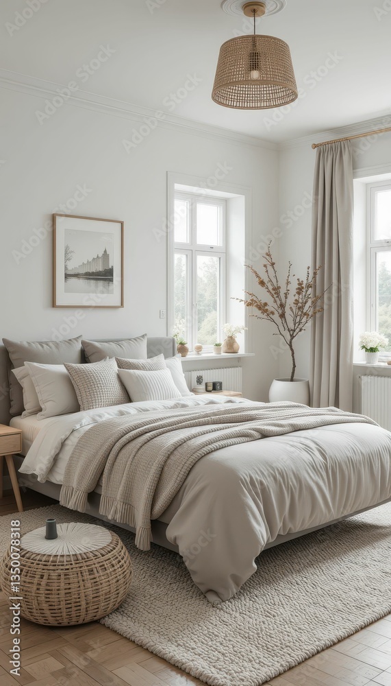 Fototapeta premium Cozy and Minimalist Bedroom with Natural Light and Neutral Tones