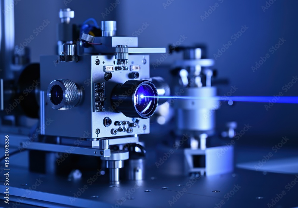 High-tech laser equipment emitting a blue beam in a laboratory setting High-tech laser equipment emitting a blue beam in a laboratory setting