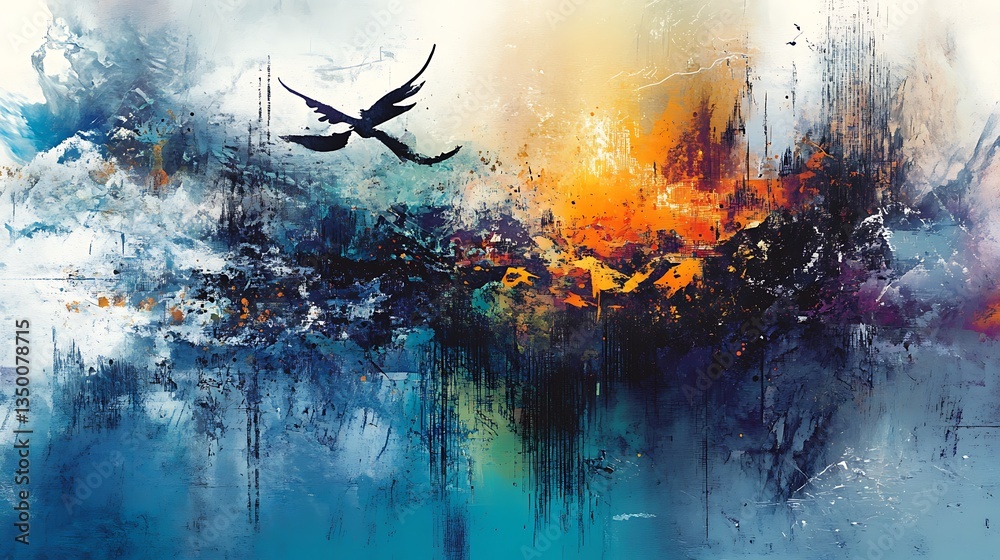 Naklejka premium Raven Soaring Over Burning City.