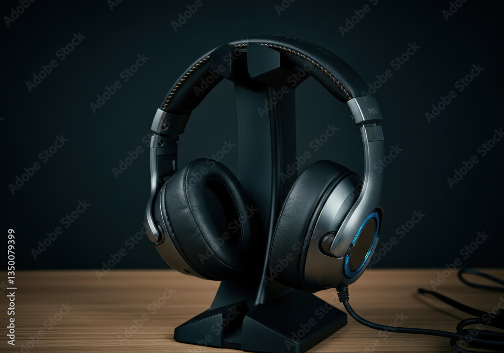 Stylish headphones displayed on a sleek stand, perfect for audio enthusiasts Stylish headphones displayed on a sleek stand, perfect for audio enthusiasts